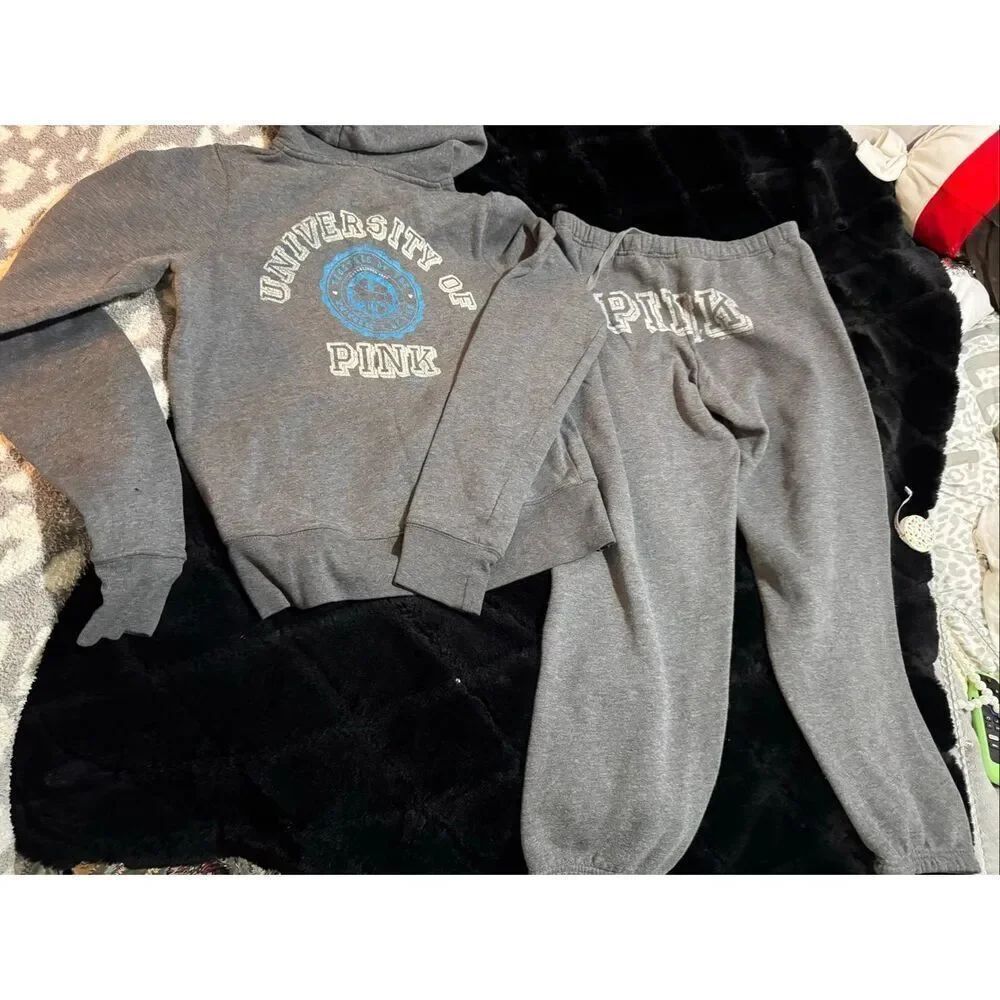 VTG VS PINK roadtrip grey hooded zip up sweatshirt & pants  set- sweatsuit M